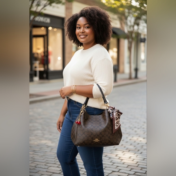 Coach Dark Brown Shoulder Bag with Scarf Accent & Purse Charm. L - Picture 4 of 13